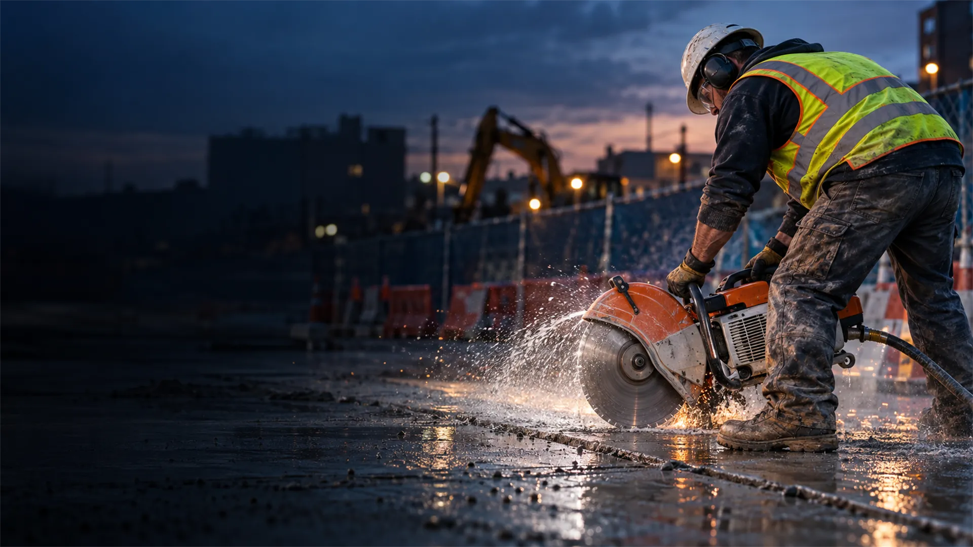 Worker cutting concrete with a power cutter on a construction site (illustration)
