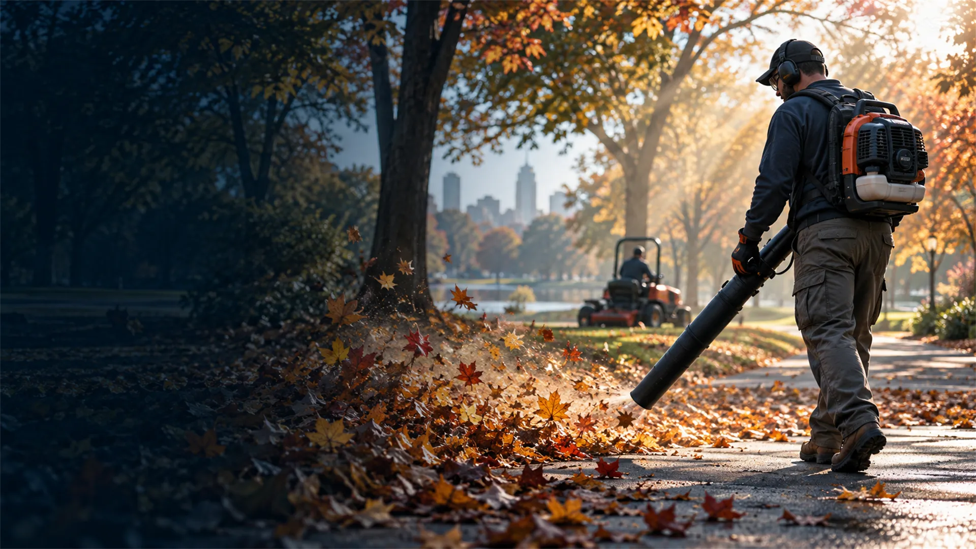 Groundskeeper clearing autumn leaves with a backpack blower in a park (illustration)