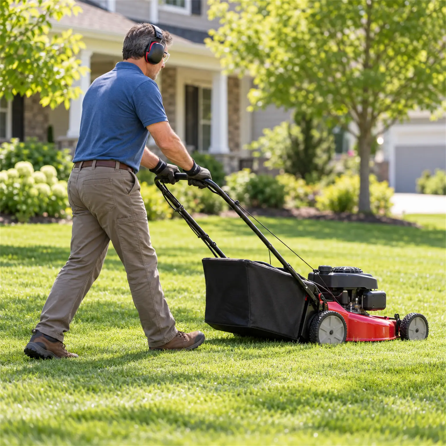 Homeowner mowing a lawn with a walk-behind lawnmower, wearing eye and ear protection (illustration)